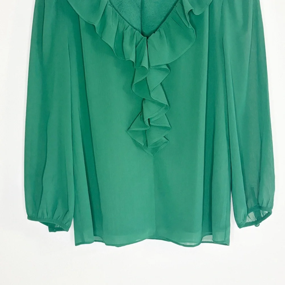J Crew Chiffon Ruffle Neck 3/4 Sleeves Green Top Sz XS